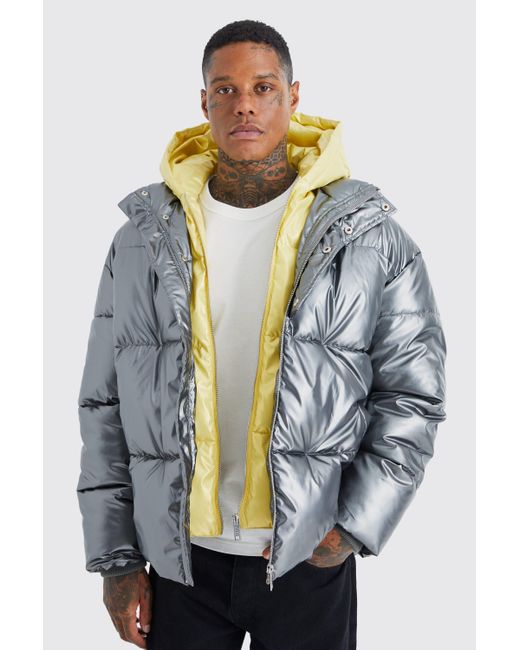 BoohooMAN Gray Double Layer Metallic Puffer With Hood for men
