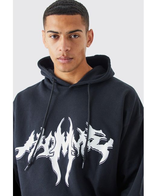 BoohooMAN Blue Oversized Gothic Homme Printed Hoodie for men