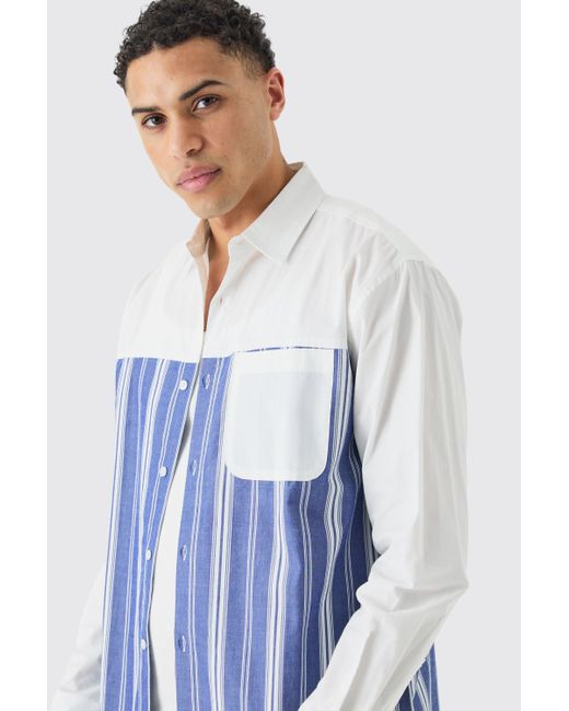 BoohooMAN Oversized Long Sleeve Poplin Panel Stripe Shirt in Blue für Herren