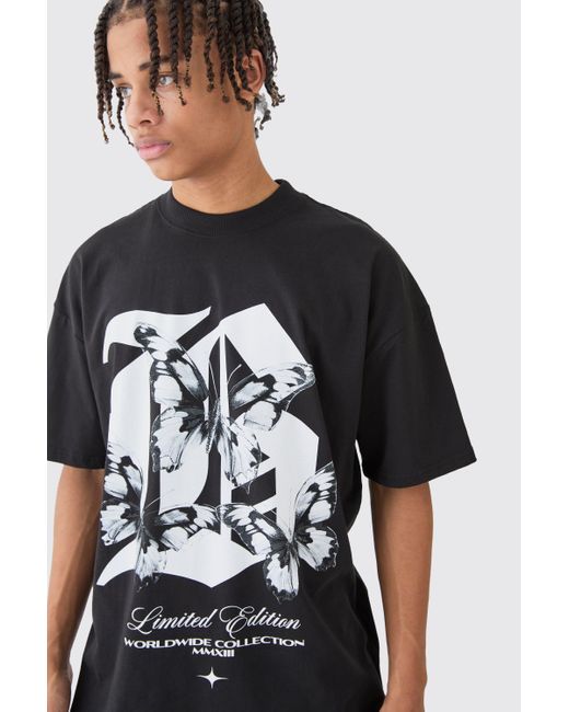 BoohooMAN Black Oversized B Butterfly Graphic T-shirt for men