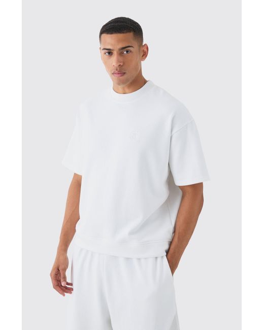BoohooMAN White Oversized Boxy Loopback Embroidered Half Sleeve Sweatshirt for men