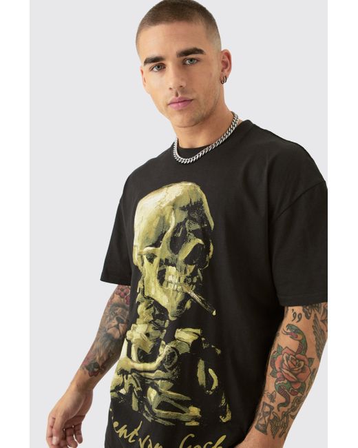 BoohooMAN Black Oversized Van Gogh Skull License T-shirt for men