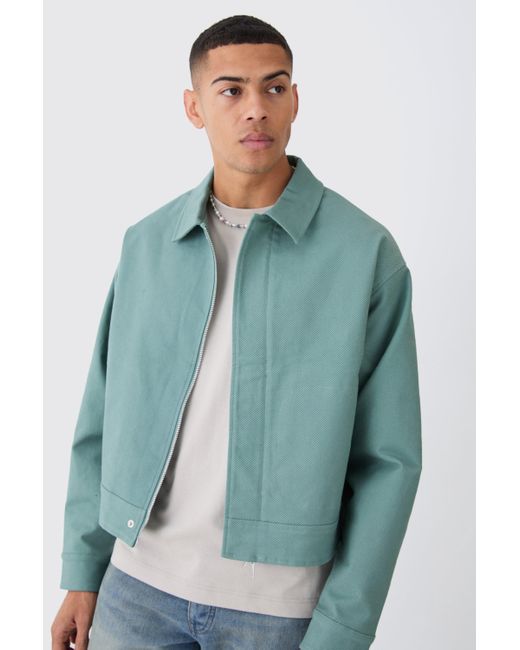 BoohooMAN Green Boxy Smart Ribbed Twill Harrington Jacket for men