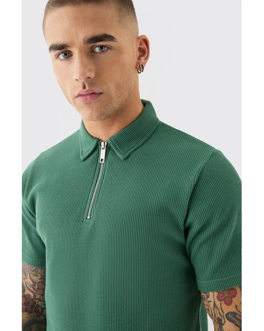 BoohooMAN Green Slim Fit Waffle Polo & Short Set for men