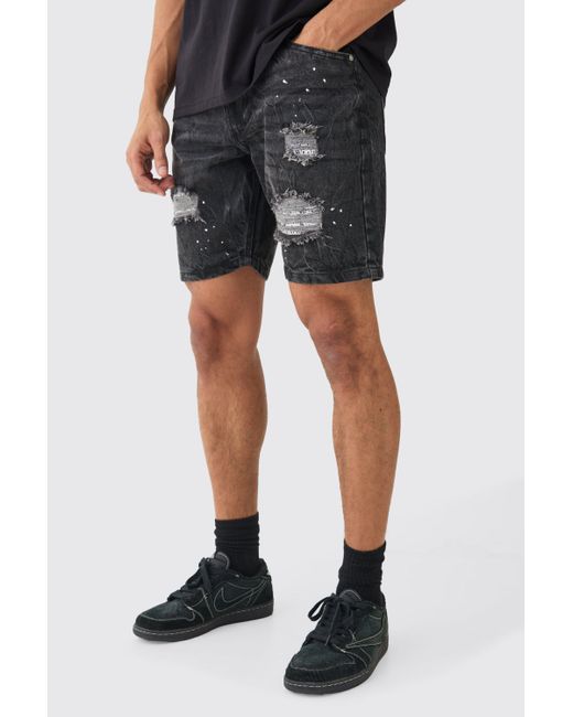 BoohooMAN Relaxed Fit Ripped Crinkle Denim Shorts In Black for men