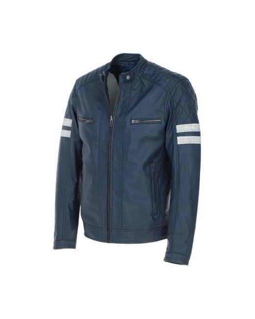 BoohooMAN Blue Ashwood Leather 'nova' Ashwood Leather Contrasting Stripe Biker Jacket for men