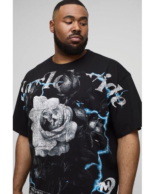 BoohooMAN Plus Oversize T-Shirt mit floralem Worldwide-Print in Black für Herren