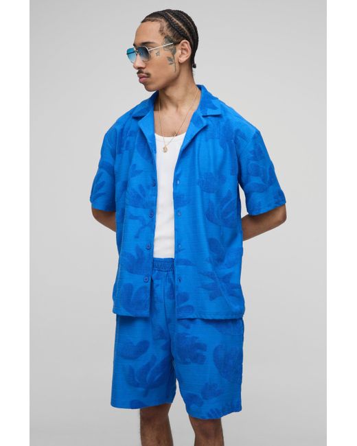 BoohooMAN Blue Oversized Abstract Towelling Shirt & Relaxed Short Set for men