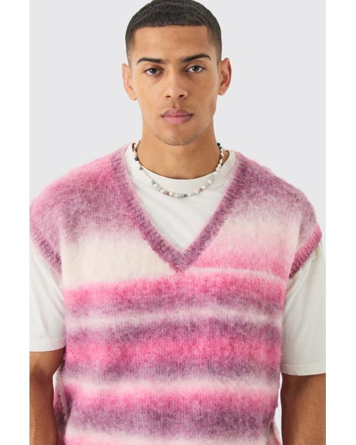 BoohooMAN Pink Regular Knitted Brushed Stripe V Neck Tank for men
