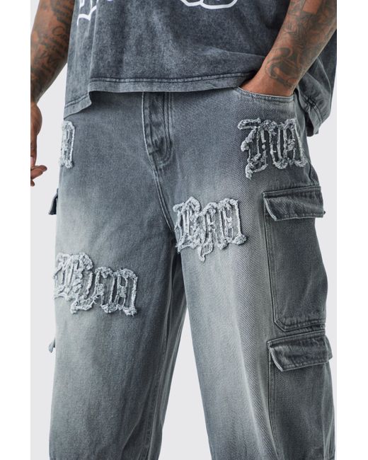 BoohooMAN Plus Baggy Rigid Bm Applique Multi Pocket Cargo Jeans in Blue für Herren