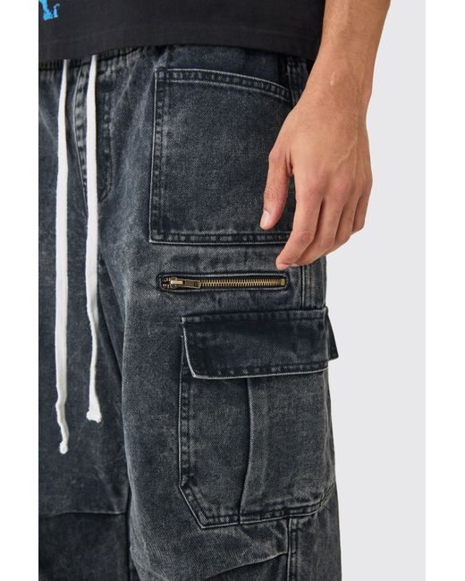 BoohooMAN Blue Denim Parachute Elastic Waist Overdyed Acid Washed Cargo Jeans In Black for men