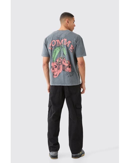 BoohooMAN Gray Oversized Acid Wash Cherry Graphic T-shirt for men