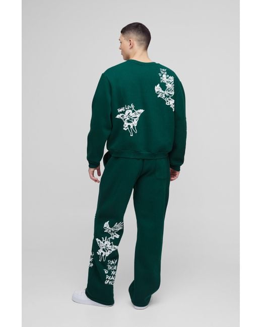 BoohooMAN Green Oversized Boxy Graffiti Slogan Sweatshirt Tracksuit for men