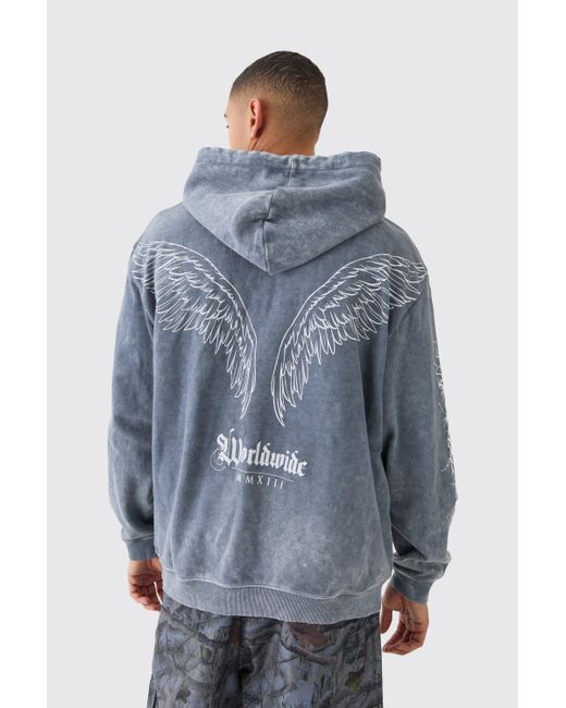 BoohooMAN Blue Oversized Acid Wash Embroidered Wing Graphic Hoodie for men