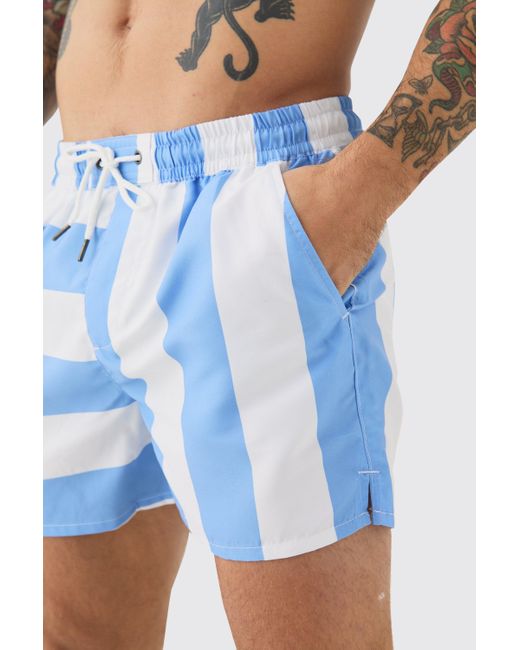 BoohooMAN Blue Short Length Stripe Spliced Swim Short for men