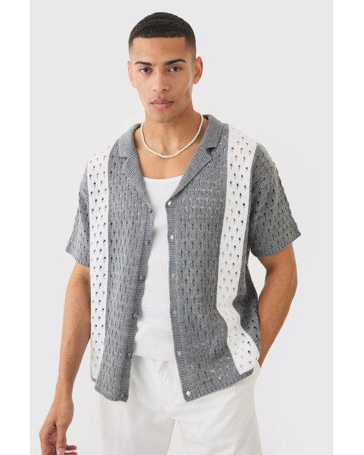 BoohooMAN White Oversized Boxy Open Stitch Stripe Knit Shirt In Charcoal for men