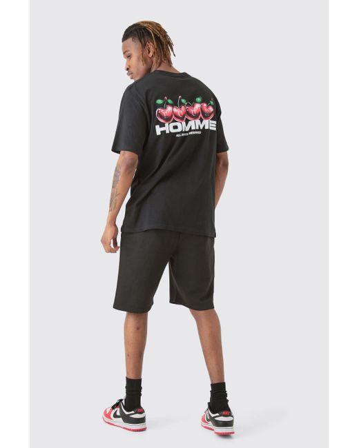 BoohooMAN Tall Cherry Graphic Homme T-shirt & Short Set in Black für Herren