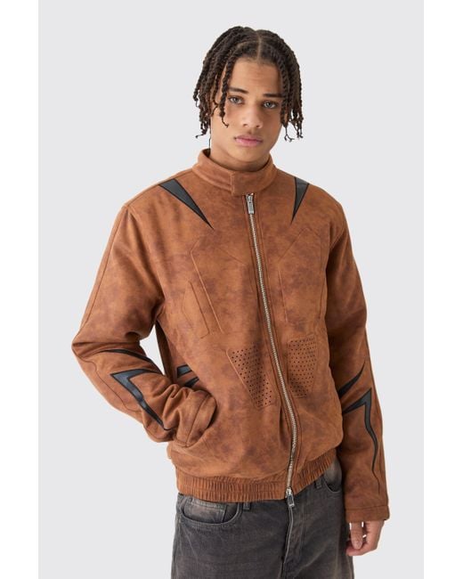BoohooMAN Brown Regular Fit Washed Faux Suede Moto Jacket for men