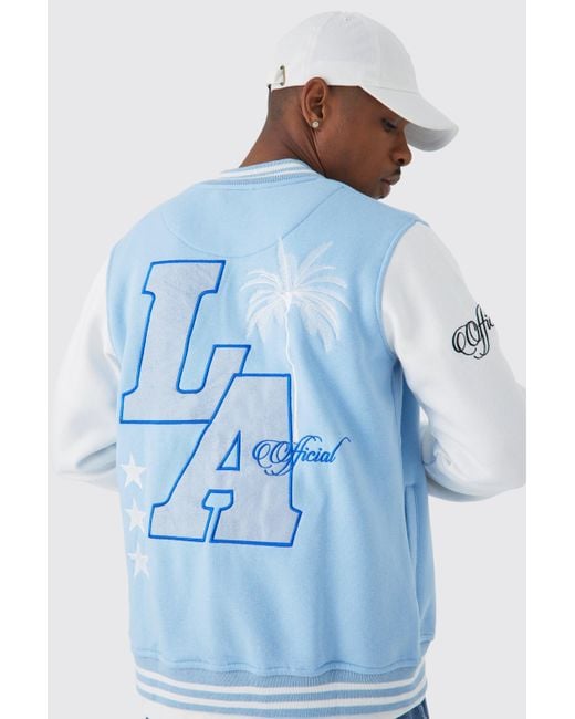 BoohooMAN Varsity Jersey-Bomberjacke mit LA Etikett in Blue für Herren