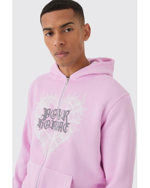 BoohooMAN Pink Pour Homme Heart Print Zip Through Hoodie for men