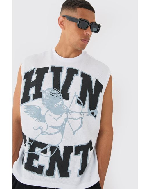 BoohooMAN White Oversized Boxy Waffle Graphic Tank for men