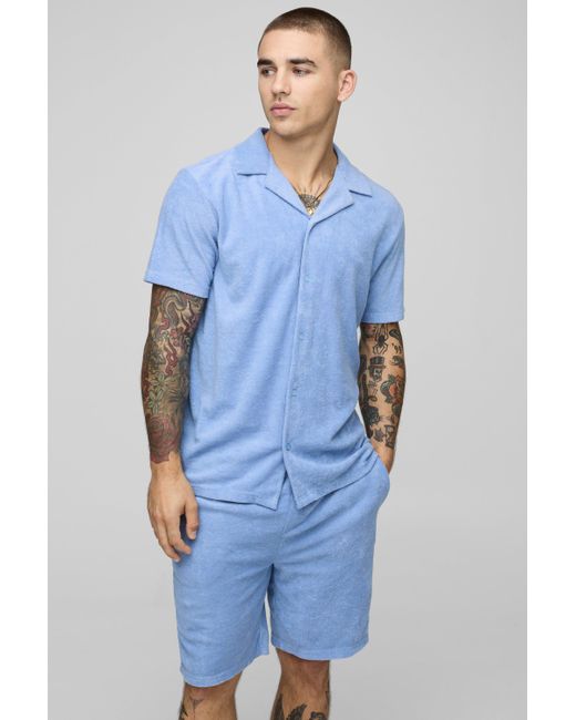 BoohooMAN Blue Regular Fit Towelling Shirt & Loose Short Set for men