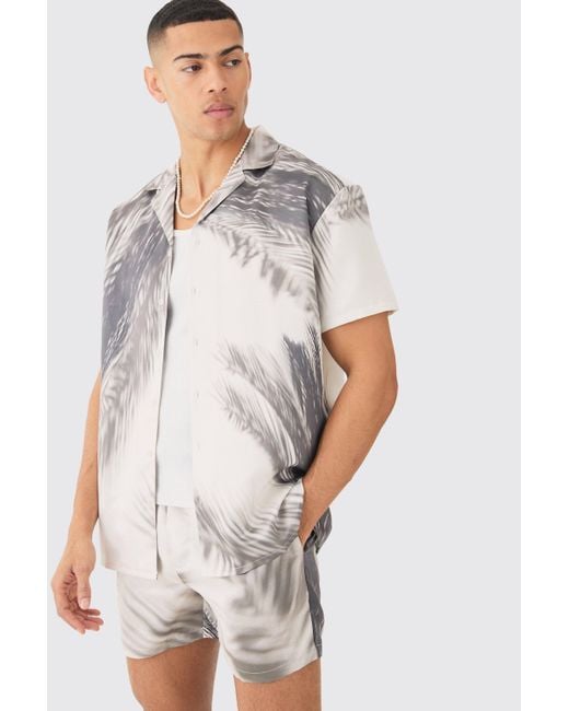 BoohooMAN White Oversized Satin Branch Print Shirt And Short for men