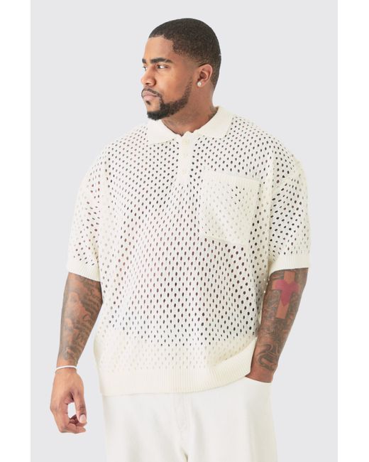 BoohooMAN White Plus Boxy Fit Crochet Knitted V-neck Polo In Ecru for men