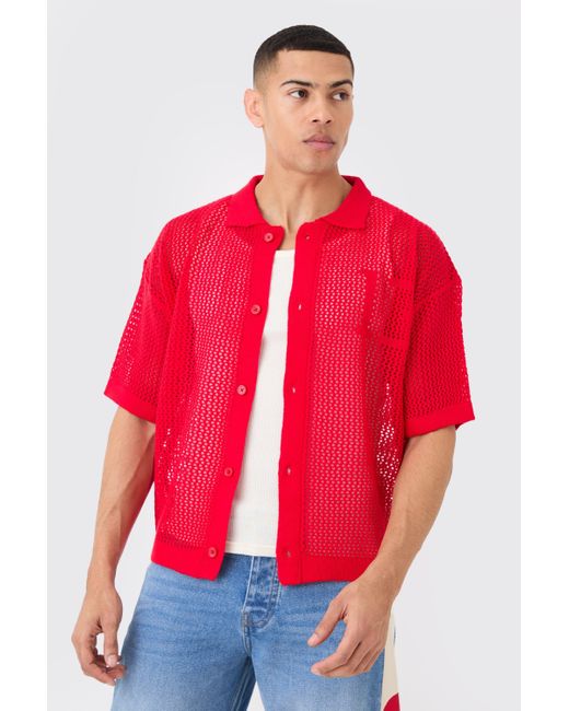 BoohooMAN Short Sleeve Boxy Open Stitch Varsity Knit Shirt In Red for men