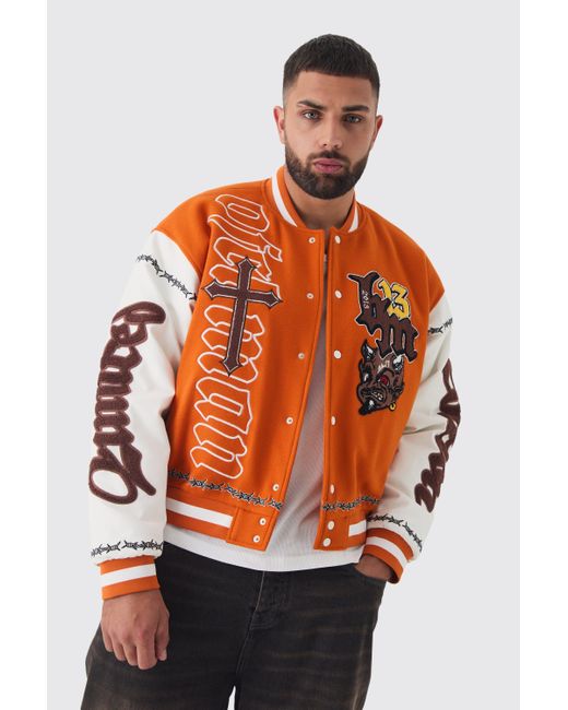 BoohooMAN Orange Plus Boxy Limited Badge Pu Sleeve Varsity Jacket for men