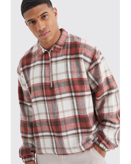 BoohooMAN Red Quarter Zip Boxy Brushed Checked Overshirt for men