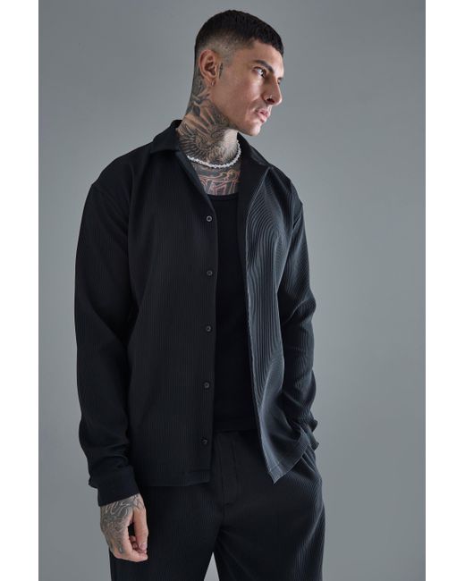 BoohooMAN Gray Tall Drop Revere Long Sleeve Pleated Shirt In Black for men