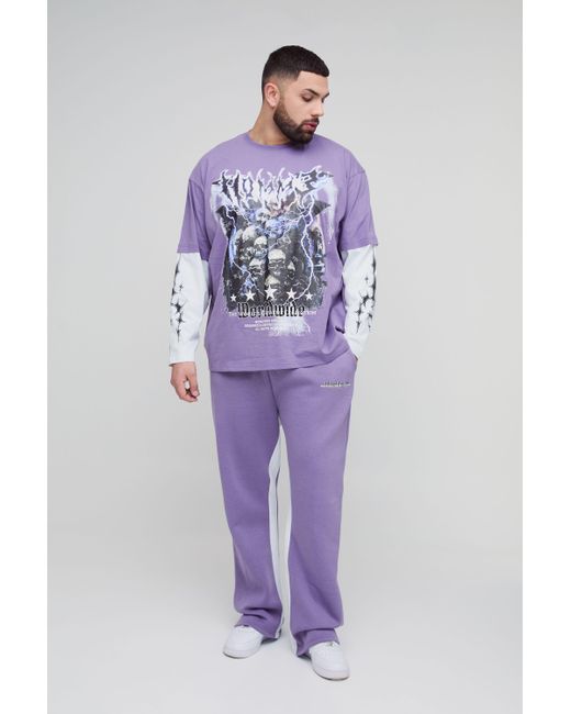 BoohooMAN Blue Plus Homme Grunge Print Oversized Faux Layer T-Shirt Sand Gusset Sweatpants Set for men