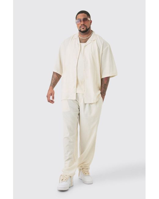 BoohooMAN White Plus Elasticated Waist Relaxed Linen Trouser In Natural for men