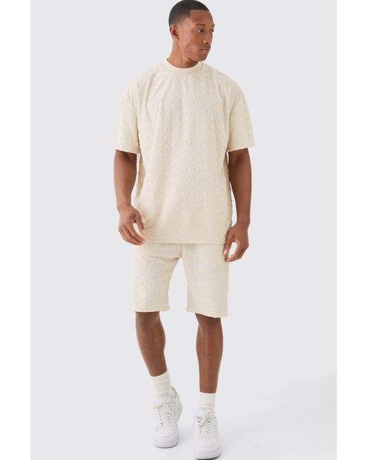 BoohooMAN Oversized Man Towelling Jacquard T-shirt & Shorts in Natural für Herren