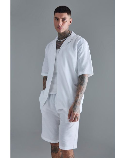 BoohooMAN Gray Tall Drop Revere Linen Shirt & Short Set In White for men