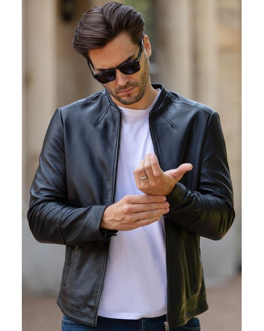 BoohooMAN Blue Ashwood Leather 'fons' Leather Slim Fit Biker Jacket for men