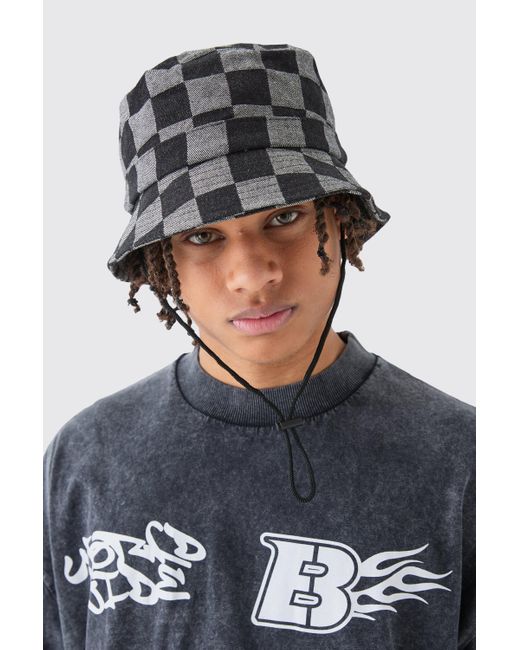 BoohooMAN Gray Checkerboard Bucket Hat In Black for men