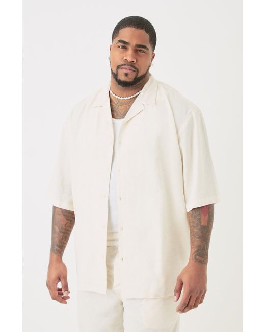 BoohooMAN White Plus Linen Drop Revere Shirt In Natural for men