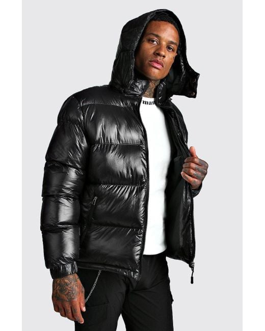 BoohooMAN High Shine Hooded Puffer Jacket in Black for Men | Lyst UK