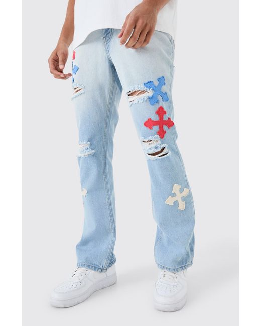 BoohooMAN Slim Rigid Flare Applique Jeans In Ice Blue for men