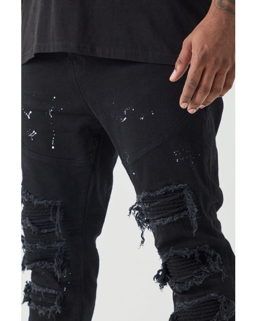 BoohooMAN Black Plus Super Skinny Pu Biker Rip & Repair Paint Splatter Jeans for men