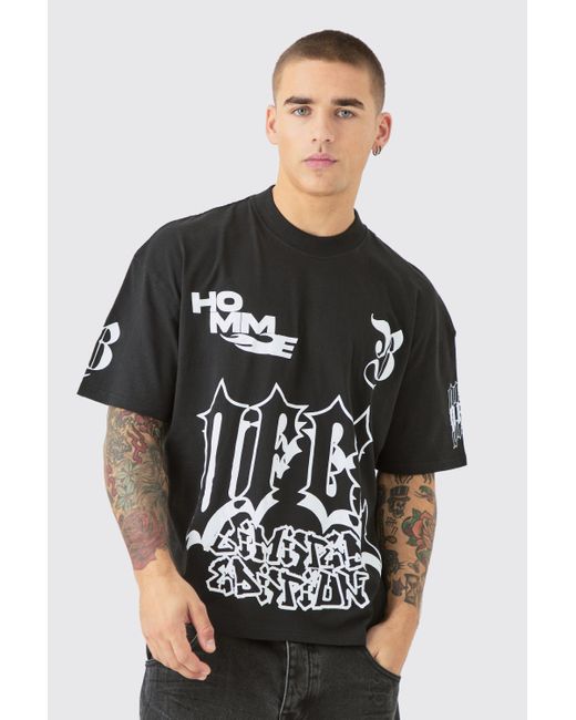BoohooMAN Black Oversized Boxy Extended Neck Ofcl Moto Graphic T-shirt for men