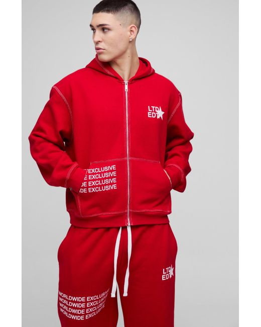 BoohooMAN Red Oversized Boxy Contrast Stitch Printed Zip Through Hooded Tracksuit for men