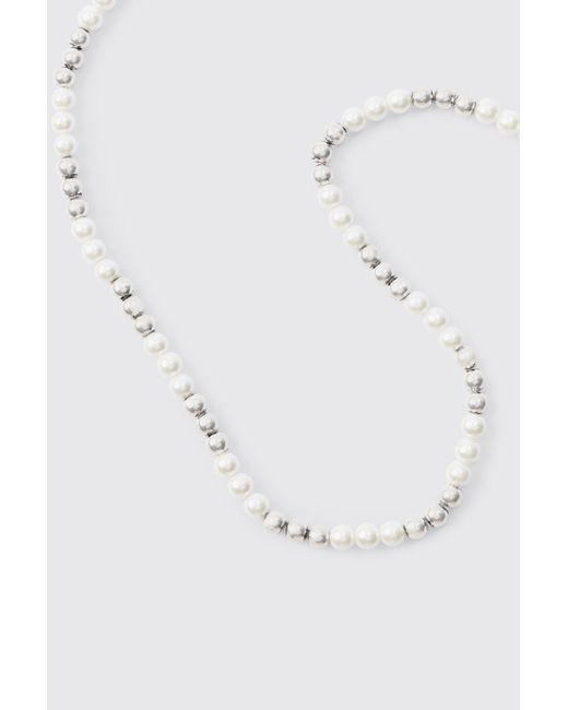 BoohooMAN White Metal Bead And Pearl Necklace for men