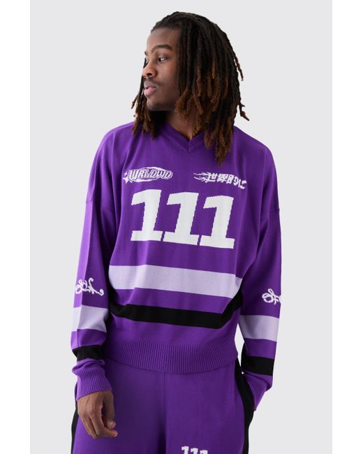 BoohooMAN Purple Boxy Moto Knitted Jumper for men