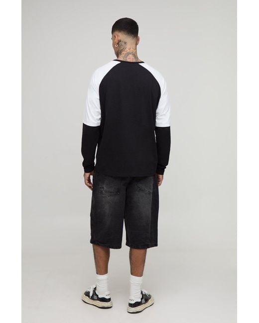BoohooMAN Black Tall Oversized Boxy Faux Layer Embroidered Graphic Raglan T-Shirt for men