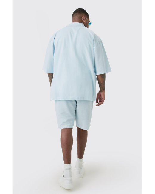 BoohooMAN Plus Linen Drop Revere Shirt In Light Blue in White für Herren