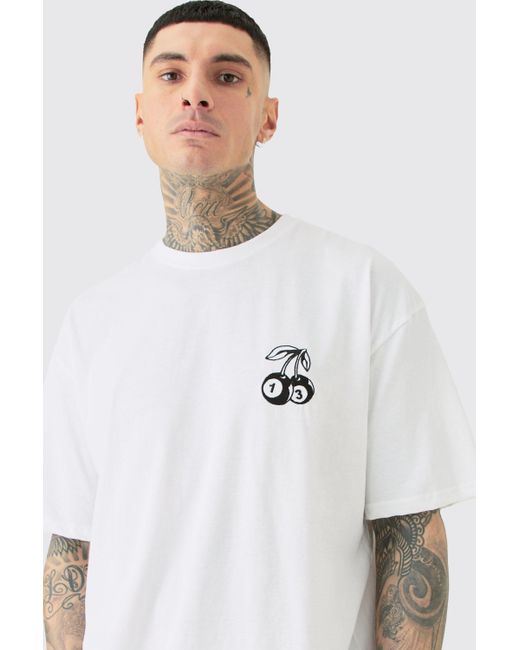 BoohooMAN Tall Oversized Dice Cherry Embroidered T-shirt In White for men