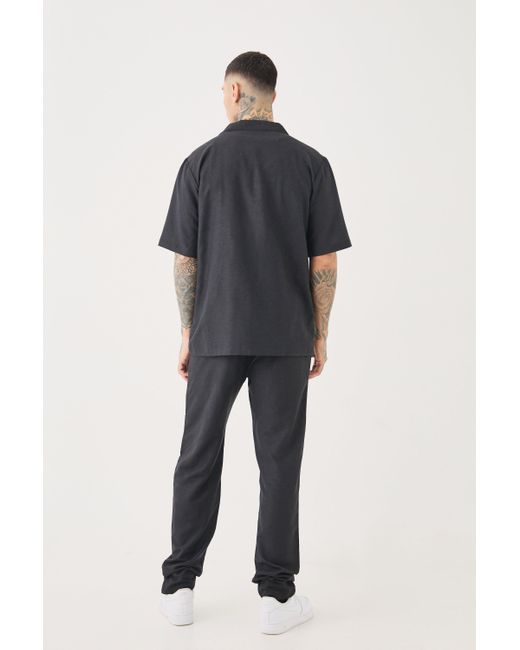 BoohooMAN Tall Elasticated Waist Tapered Linen Pants In Black for men